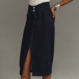 Anthropologie High-Waist Dark Blue Denim Midi Skirt with Front Slit by Pilcro